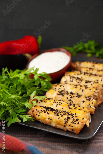 Burek. made from thin pita bread with meat, eggplant and pepper