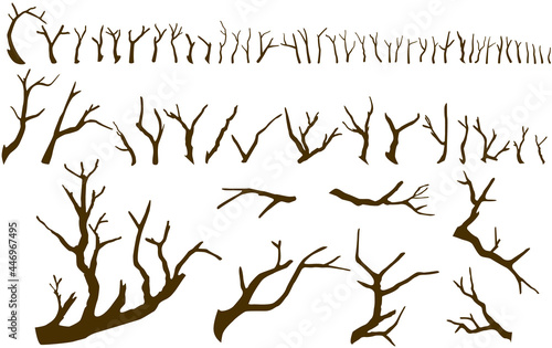 Set of bare tree branches isolated on the white background. Big collection of big and small sticks without leaves. Vector illustration in simple silhouette style