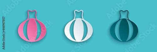Paper cut Onion icon isolated on blue background. Paper art style. Vector