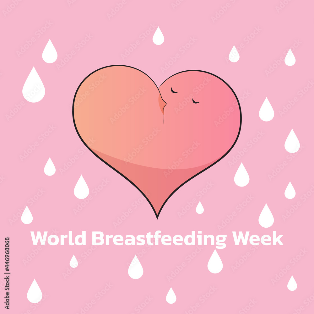 World Breastfeeding Week, 1-7 August.  banner, mother day clip art. Child drinks milk from the female breast. 