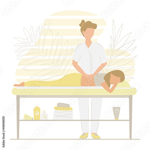 Masseur concept. Spa treatment in the beauty salon. Back treatment. The girl on the massage table. Vector illustration