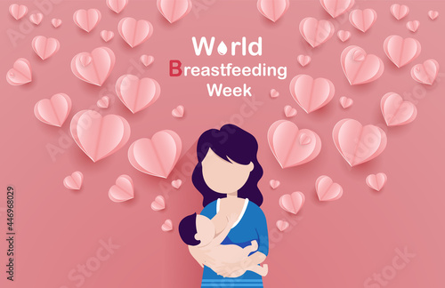 World Breastfeeding Week, 1-7 August.  banner, mother day clip art. Child drinks milk from the female breast. 