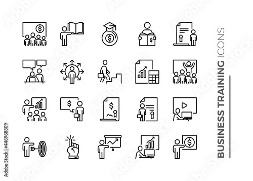 Simple Set of Business Training Related Vector Line Icons. Contains such Icons as Presentation, Class, Mentoring and more.