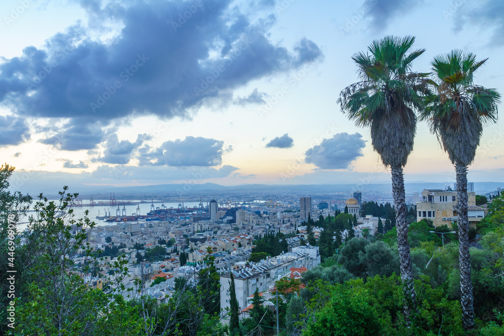 Sunrise view of downtown Haifa, Bahai Shrine and harbor