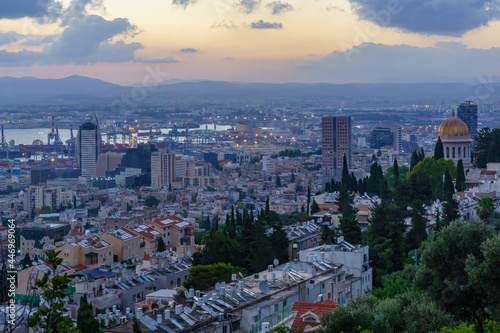 Blue hour view of downtown Haifa, Bahai Shrine and harbor