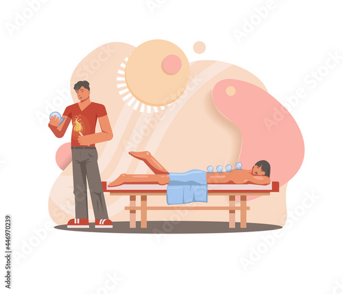 Cupping therapy vector flat design illustration.alternative medicine scene with application of heated cups