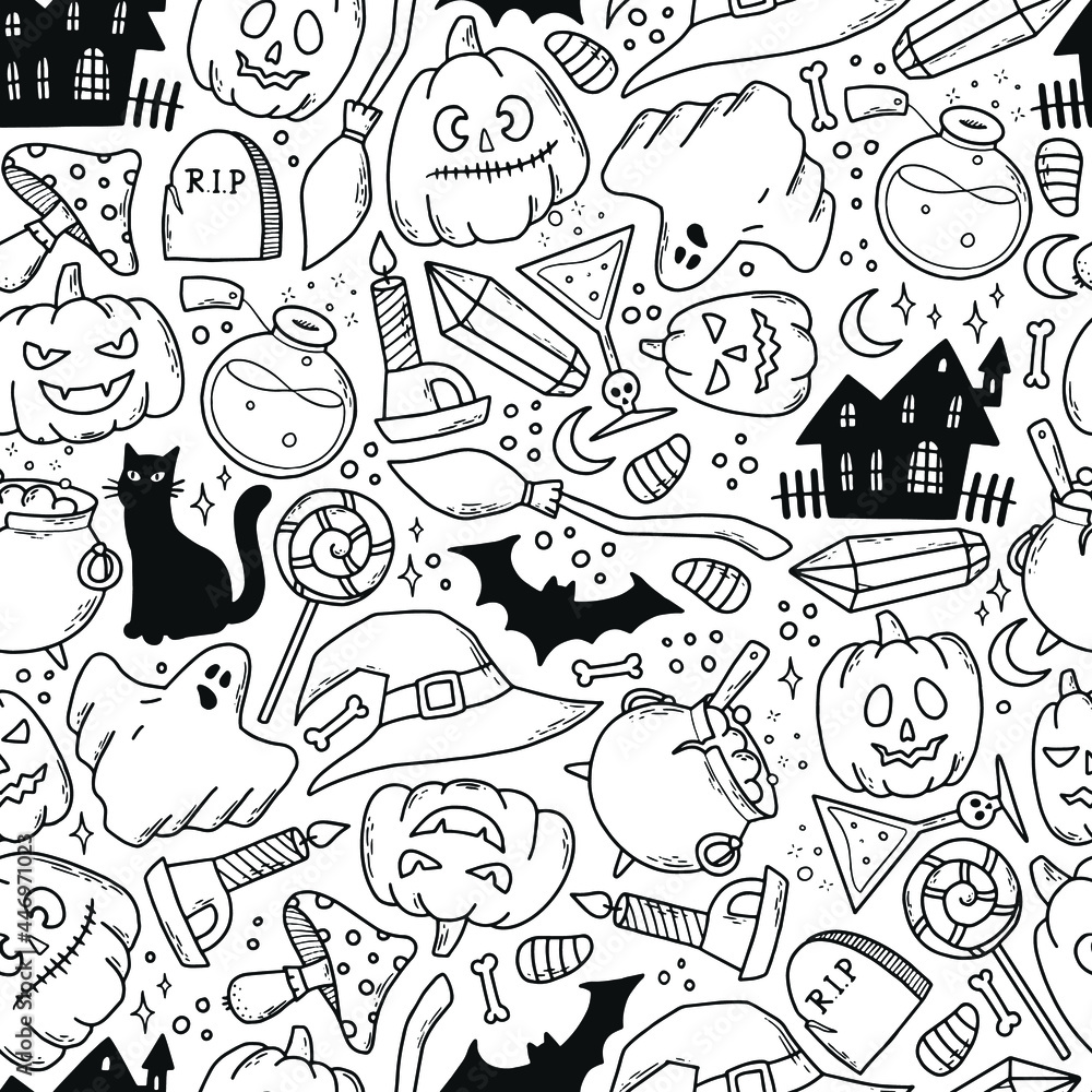 Halloween seamless pattern with sketched doodles on white background. Good for coloring pages, wrapping paper, wallpaper, textile prints, scrapbooking, etc. EPS 10