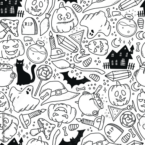 Fototapeta Naklejka Na Ścianę i Meble -  Halloween seamless pattern with sketched doodles on white background. Good for coloring pages, wrapping paper, wallpaper, textile prints, scrapbooking, etc. EPS 10