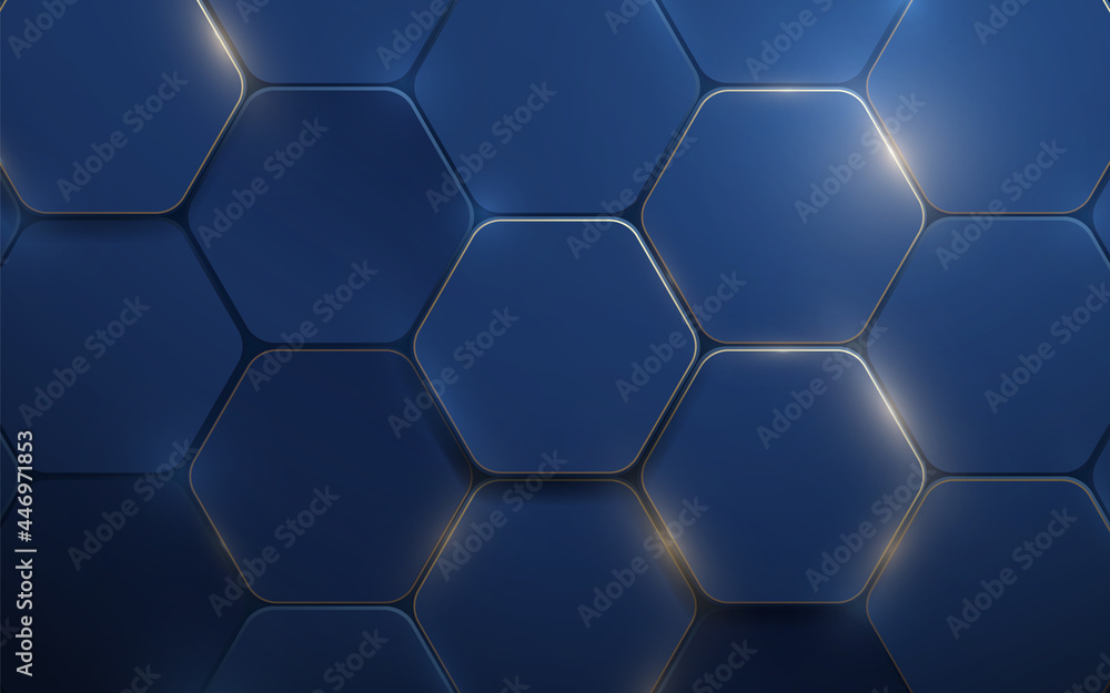 Abstract blue and gold hexagon 3d texture background with technology ...