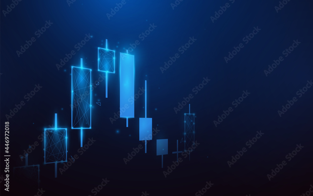 The stock market, graph with diagrams. Low polygon line, triangles, and particle style design. Abstract geometric wireframe light connection structure