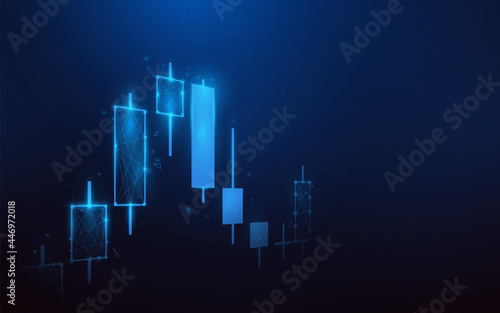 The stock market, graph with diagrams. Low polygon line, triangles, and particle style design. Abstract geometric wireframe light connection structure