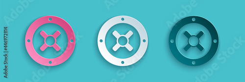Paper cut Safe icon isolated on blue background. The door safe a bank vault with a combination lock. Reliable Data Protection. Paper art style. Vector