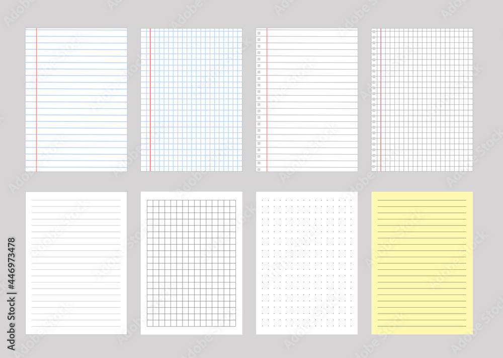 Notebook Sheets Collection. Set of Lined, Checkered and Dots Pages Vector Illustration Template. Notebook Sheets Collection. Set of Lined, Checkered and Dots Pages Vector Illustration Template.