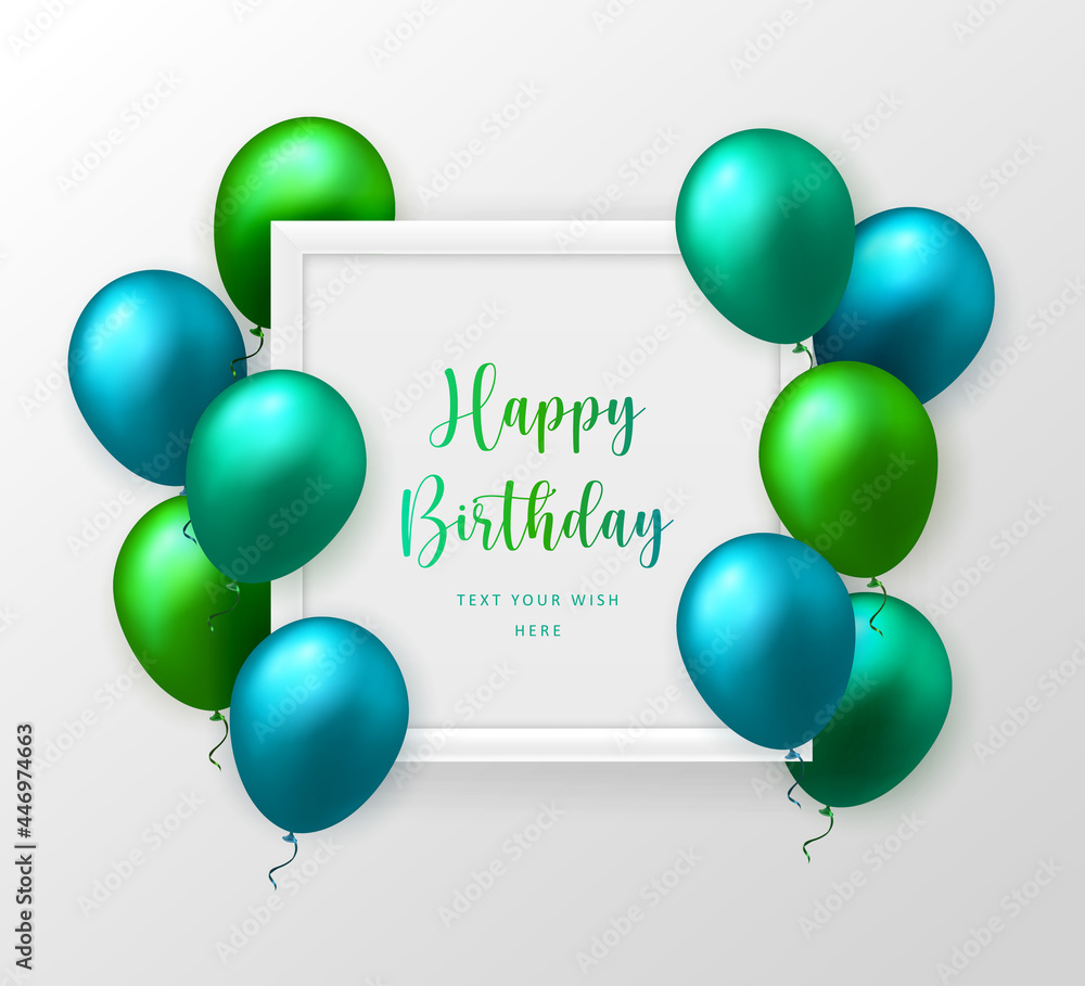 3D realistic emerald green blue ballon and frame Happy Birthday