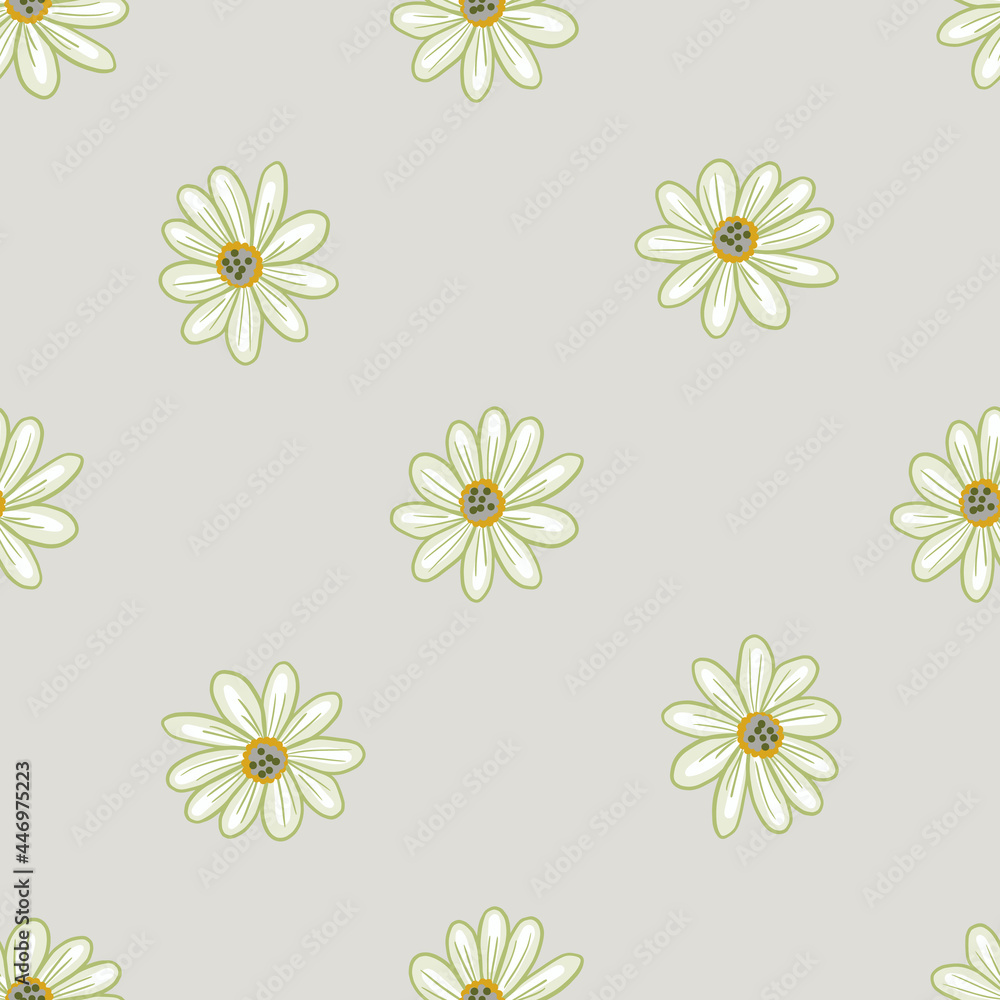 Minimalistic pastel tones seamless pattern with botanical daisy flowers shapes. Grey background. Doodle print.
