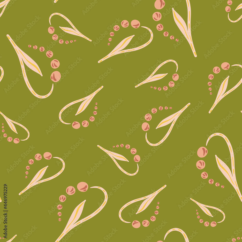 Random pink lily of the valley elements seamless doodle pattern. Green background. Bloom artwork. Random pink lily of the valley elements seamless doodle pattern. Green background. Bloom artwork.
