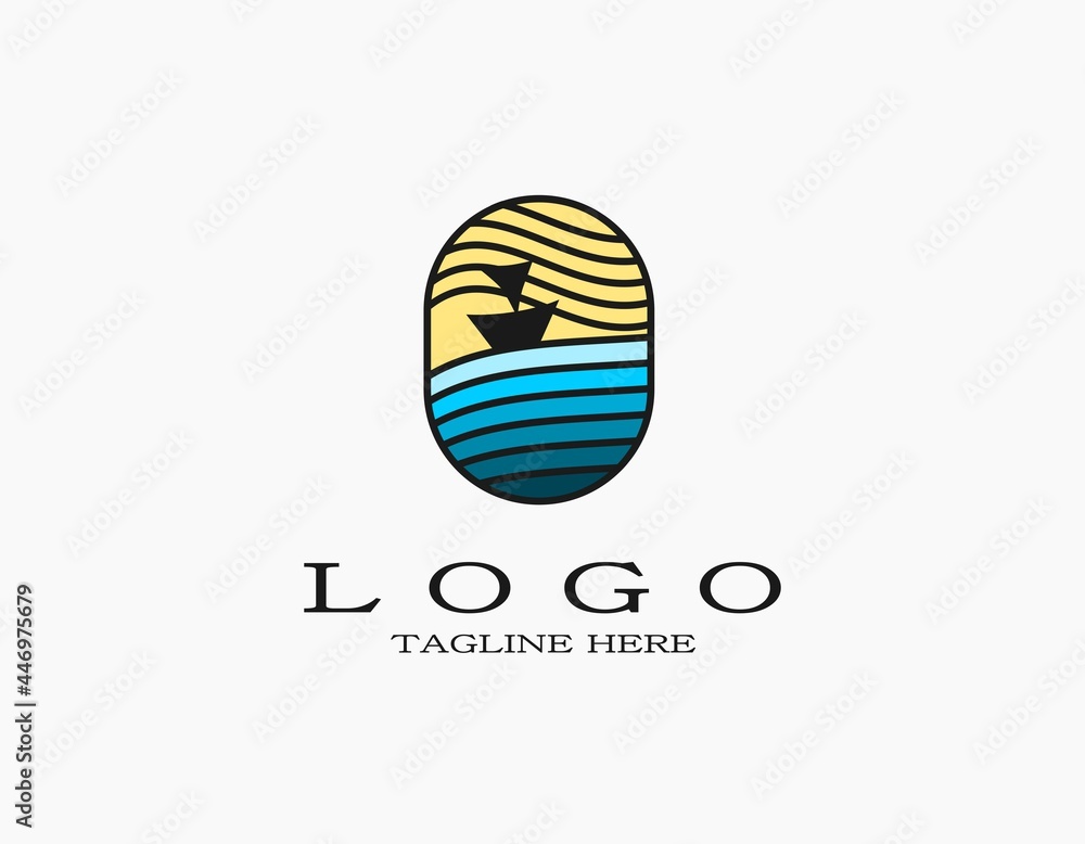 Simple elegant logo with a sailboat on the waves sea, ocean. The voyage logo.  Retro logo with blue and beige. Logo with waves strokes or lines.