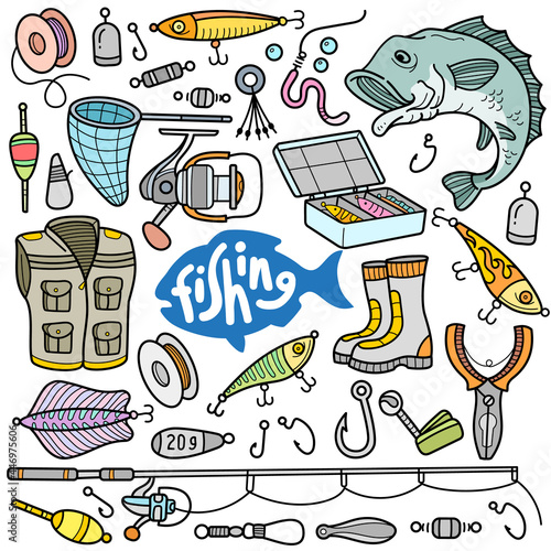 Fishing Equipments Color Doodle Illustration