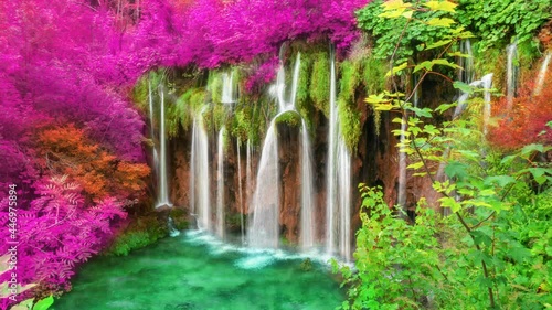 Seamless Loop Cinemagraph video of waterfall landscape in Plitvice Lakes Croatia, fantasy foliage color . Tranquil nature scenery for relaxation landscape background .