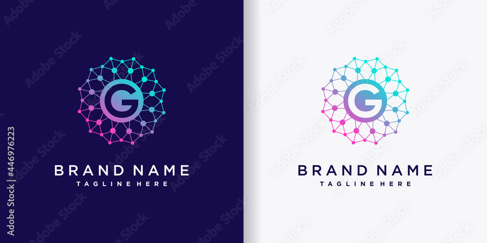 Abstract monogram logo design technology initial letter g with line art and dot style Abstract monogram logo design technology initial letter g with line art and dot style