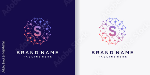 Creative monogram logo design technology initial letter s with line art and dot style