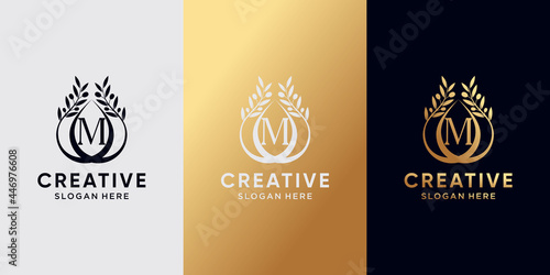 Creative olive oil logo design initial letter m with line art and golden style color. icon logo for business company