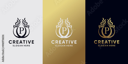 Creative olive oil logo design initial letter p with line art and golden style color. icon logo for business company