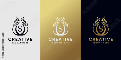 Creative olive oil logo design initial letter s with line art and golden style color. icon logo for business company