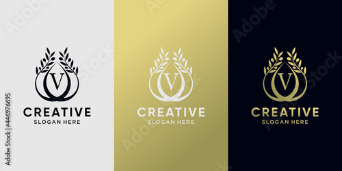 Creative olive oil logo design initial letter v with line art style. icon logo for business company