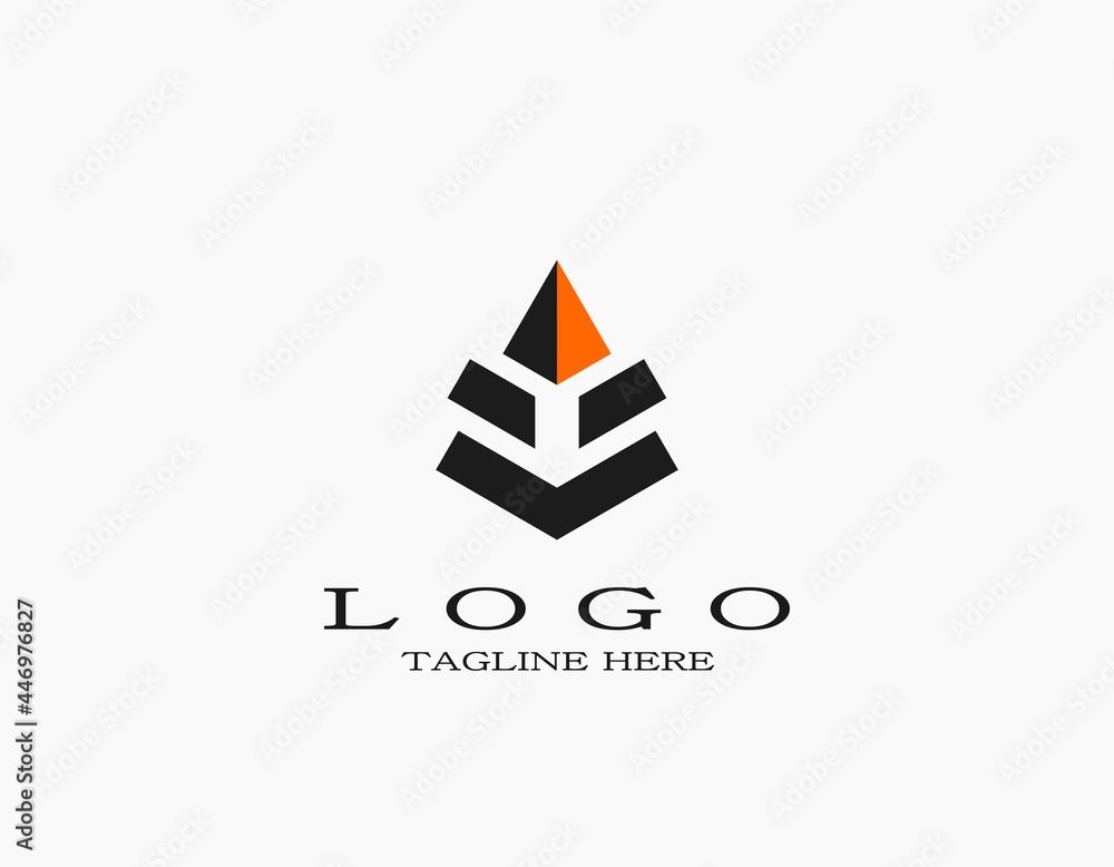 Minimal creative icon logo of pyramid and orange triangle on the top. The pyramid that formed from thick lines. 