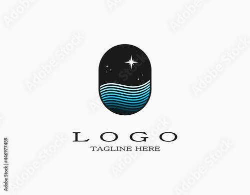 Night stars and waves ocean logo. Aesthetic design vector with sparkling stars in the blue sky. Icon, logo, or ornament.