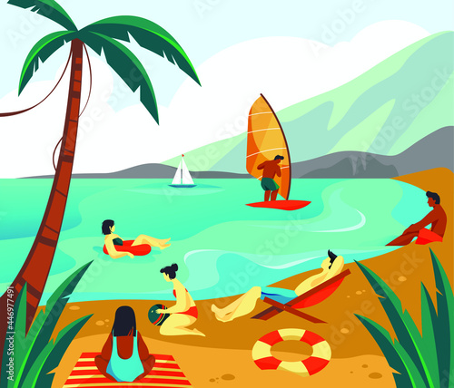 Seascape banner or summer recreation background. Seaside scenery or coast view, tropical nature. People or tourists have a rest or vacation, sunbathing or swim on sandy beach. Leisure time, outdoor. © Genzi