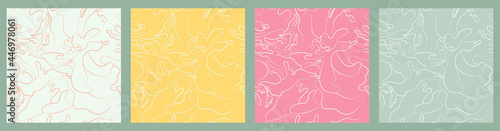 Set of abstract simple minimalistic liquid marble line patterns. Flat design. Swirls of pastel yellow, pink, blue, white colors. Seamless background
