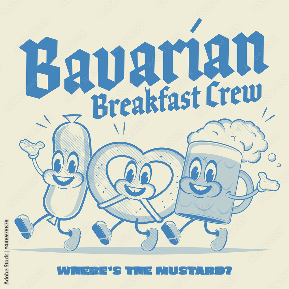 funny cartoon illustration of bavarian breakfast main ingredients pretzel  sausage and beer Stock Vector | Adobe Stock