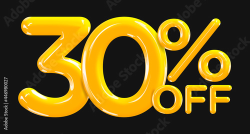 30 percent Off. Discount creative composition of golden or yellow balloons. 3d mega sale or thirty percent bonus symbol on black background. Sale banner and poster. Vector illustration.