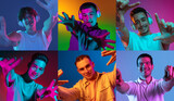 Portraits of young men gesturing isolated on multicolored background in neon light, collage. Horizontal poster, collage made of 6 models.