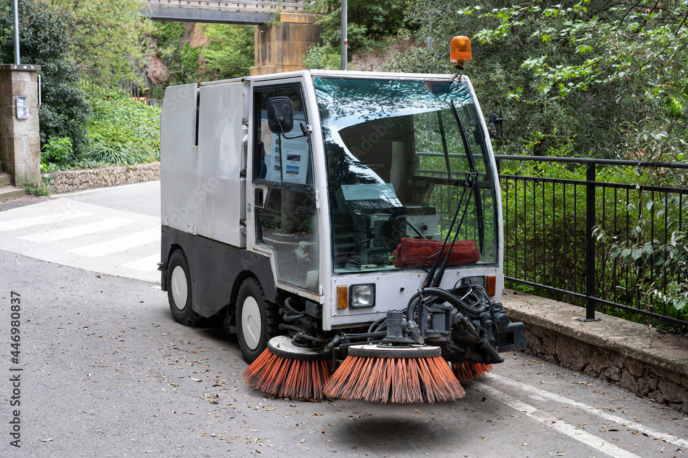 Barcelona, ​​Spain; April 25, 2021: White industrial sweeper parked on the street