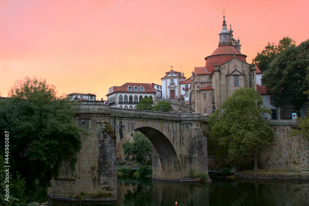 Sunset over the old center of Amarante town, hidden historic gem of northern Portugal, on the banks of Tamega River