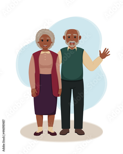 Black grandparents standing together. Vector illustration of happy grandmother and grandfather. Elderly couple waving hand. African American old woman, old man