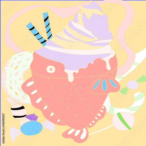 illustration of ice cream with a fish cone with some candy on the side