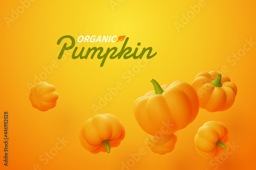 Falling pumpkin on orange background, Organic vegetable and healthy fresh food concept