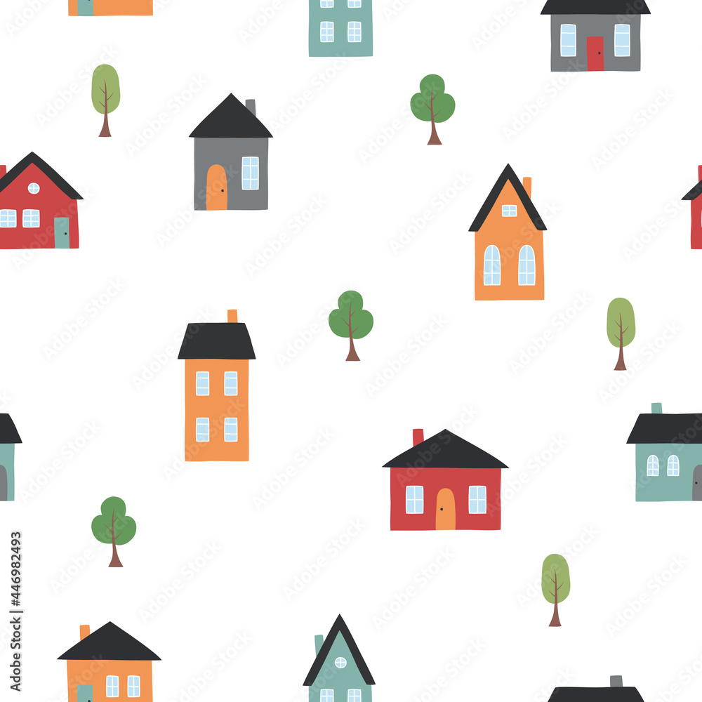 Hand drawn cute houses and trees in a flat style. Seamless pattern. Vector illustration. Suitable for wallpaper, textile, fabric, wrapping paper.