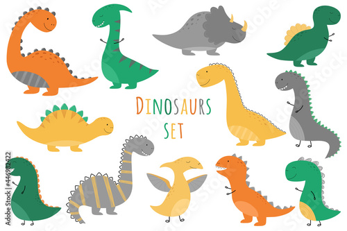 A set of cute dinosaur boys. Hand-drawn. Yellow  orange  green  gray dinosaurs. Vector illustration for children.