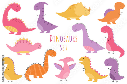 A set of cute dinosaur girls. Hand-drawn. Pink, yellow, orange, purple dinosaurs. Vector illustration for children. © Victoria Guzeeva