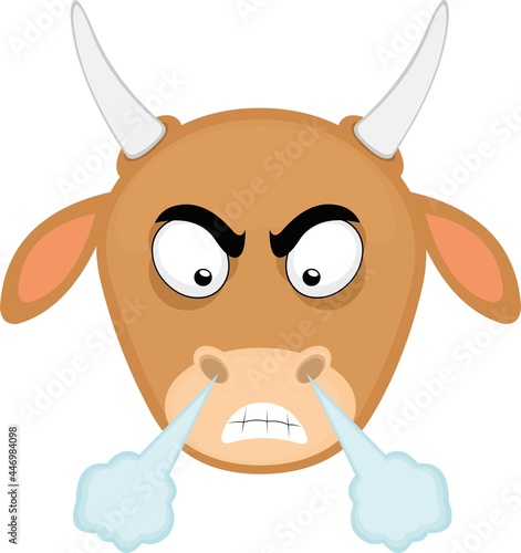 Vector emoticon illustration of a cartoon cow face with an angry expression and fuming