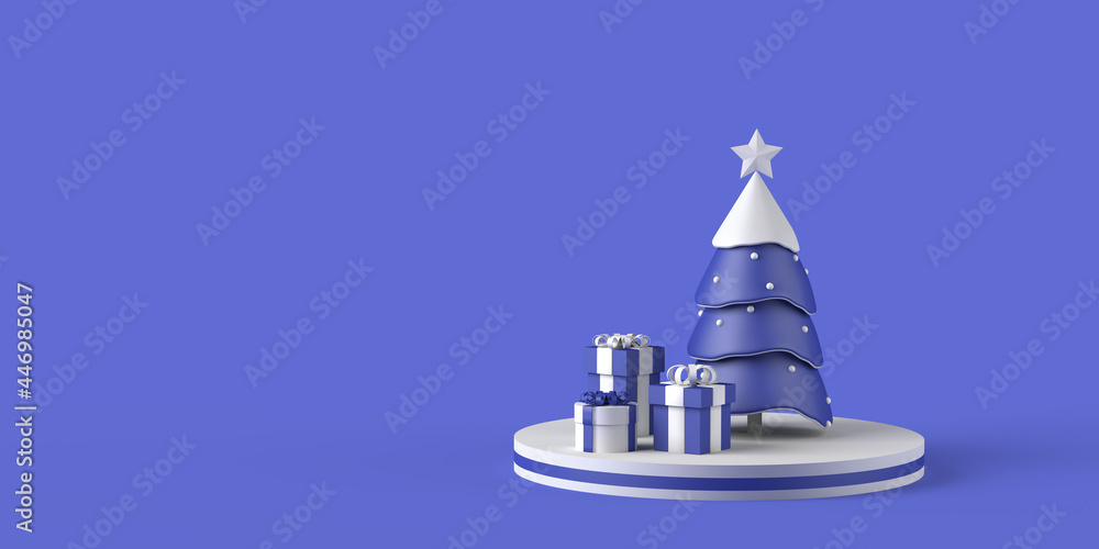 Christmas concept. Christmas tree with snow and present boxes on pedestal with space for product copy or holiday promotion. Banner. Background. 3d illustration. Christmas concept. Christmas tree with snow and present boxes on pedestal with space for product copy or holiday promotion. Banner. Background. 3d illustration.