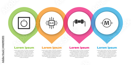 Set Electric light switch, Processor with microcircuits CPU, Resistor electricity and Electric circuit scheme. Business infographic template. Vector