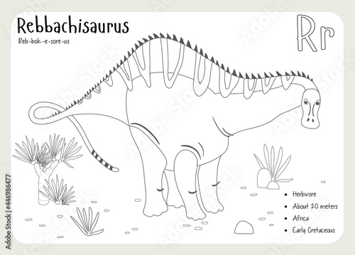 Coloring cards with dinosaurs and alphabet. Dinosaur Fact Cards. Dinosaur Names Corresponding to the English Alphabet. Cute colorful vector illustration. Herbivore set. Dinosaur vegan. Rebbachisaurus photo