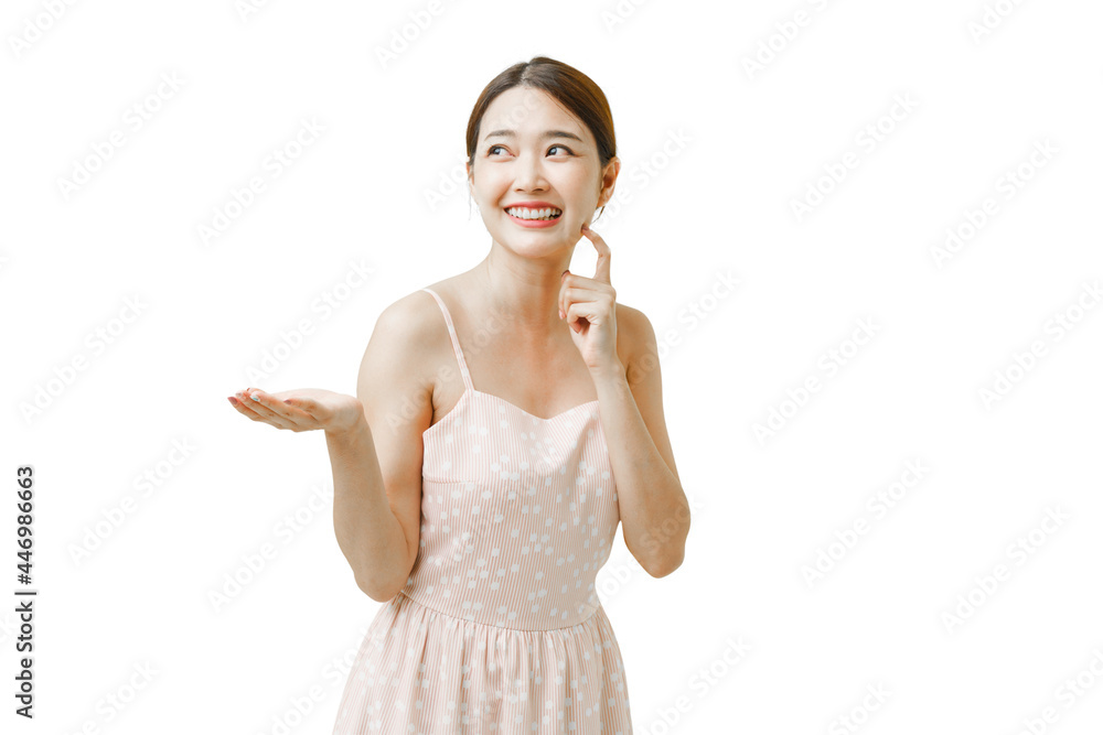 Portrait Asian woman present by showing blank hand in copy space with isolated background. Portrait Asian woman present by showing blank hand in copy space with isolated background.
