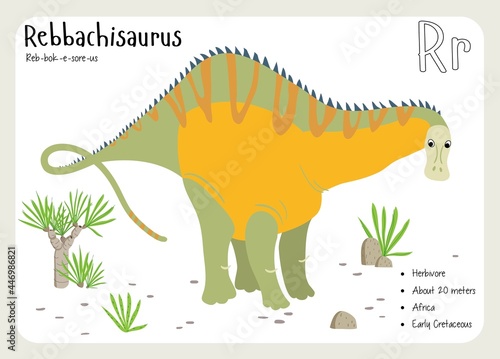 Dinosaur Fact Flash Cards - Dinosaur Names Corresponding to the English Alphabet. Cute colorful vector illustration. Herbivore set. Dinosaur vegan. Set cards a-z dinosaur R. Rebbachisaurus photo